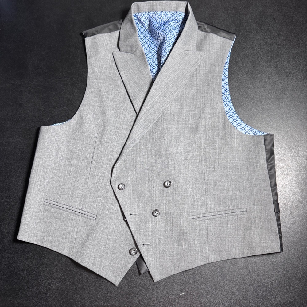 Vest Mens 42R Grey Solid Double Breasted Peak Lapel Waistcoat